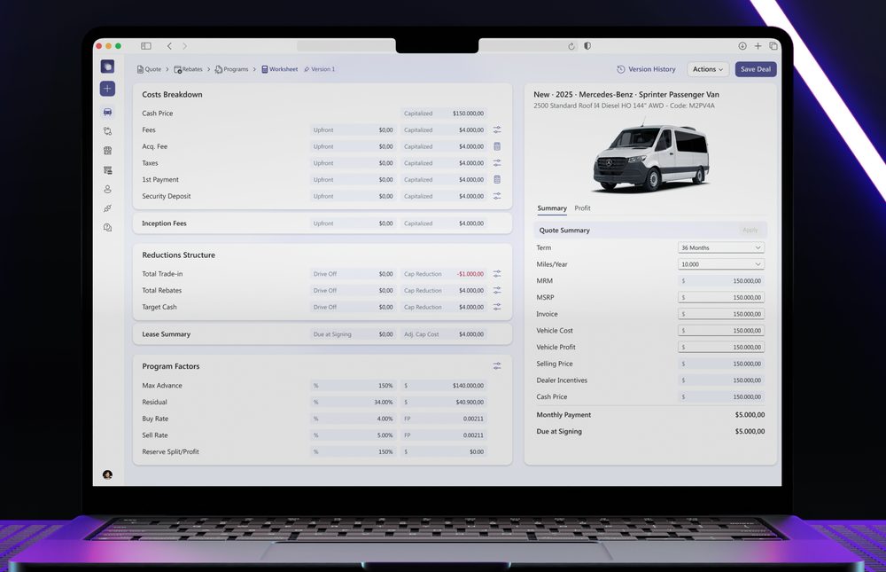 Cars311 desking screen: a dealer compares Lease, Finance and Cash offers for one vehicle with taxes and monthly payments calculated