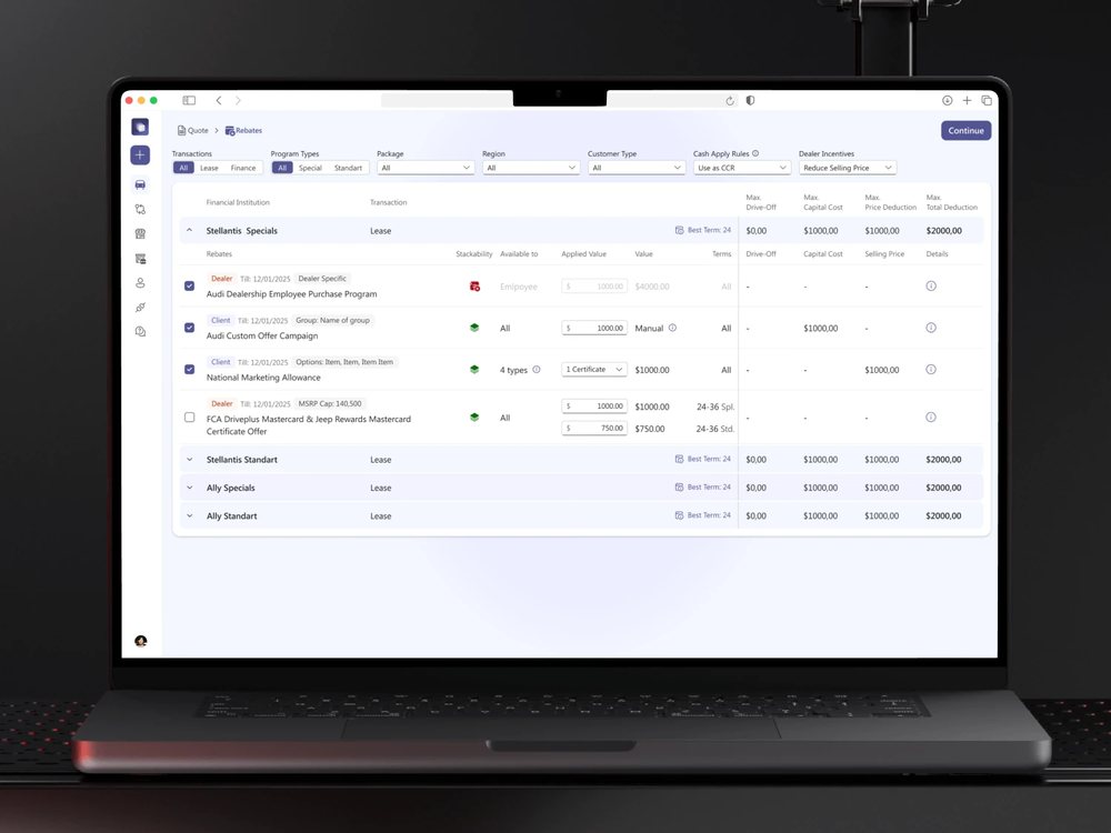 Rebates and specials list with program filters, amounts and expiry dates