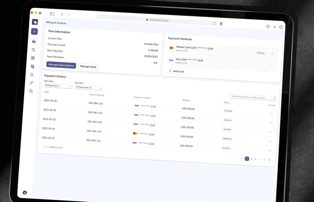 Billing settings with plan information, payment methods and payment history