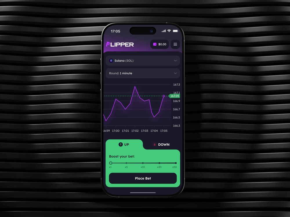 Flipper iOS app: a predict-to-earn round with a live price chart and Up / Down buttons