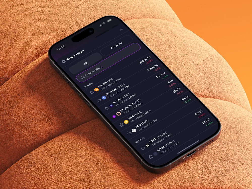 Token picker with a searchable list of cryptocurrencies, prices and daily change