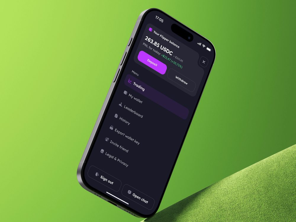 Side menu with USDC balance, deposit and withdraw, trading, leaderboard and history