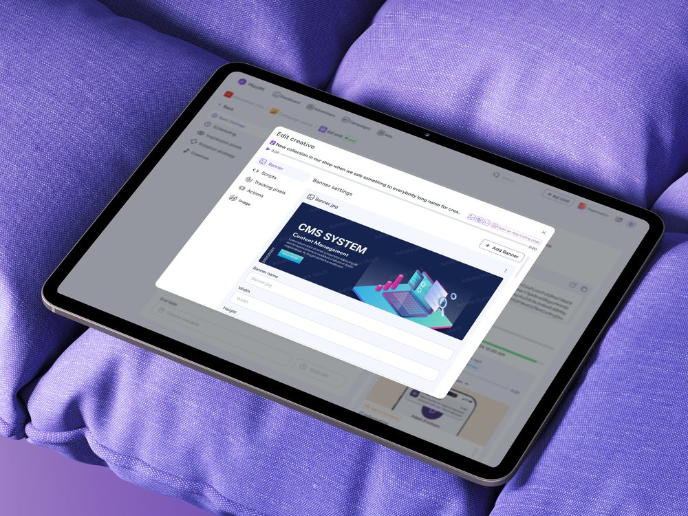 CMS banner editor opened in a modal on iPad